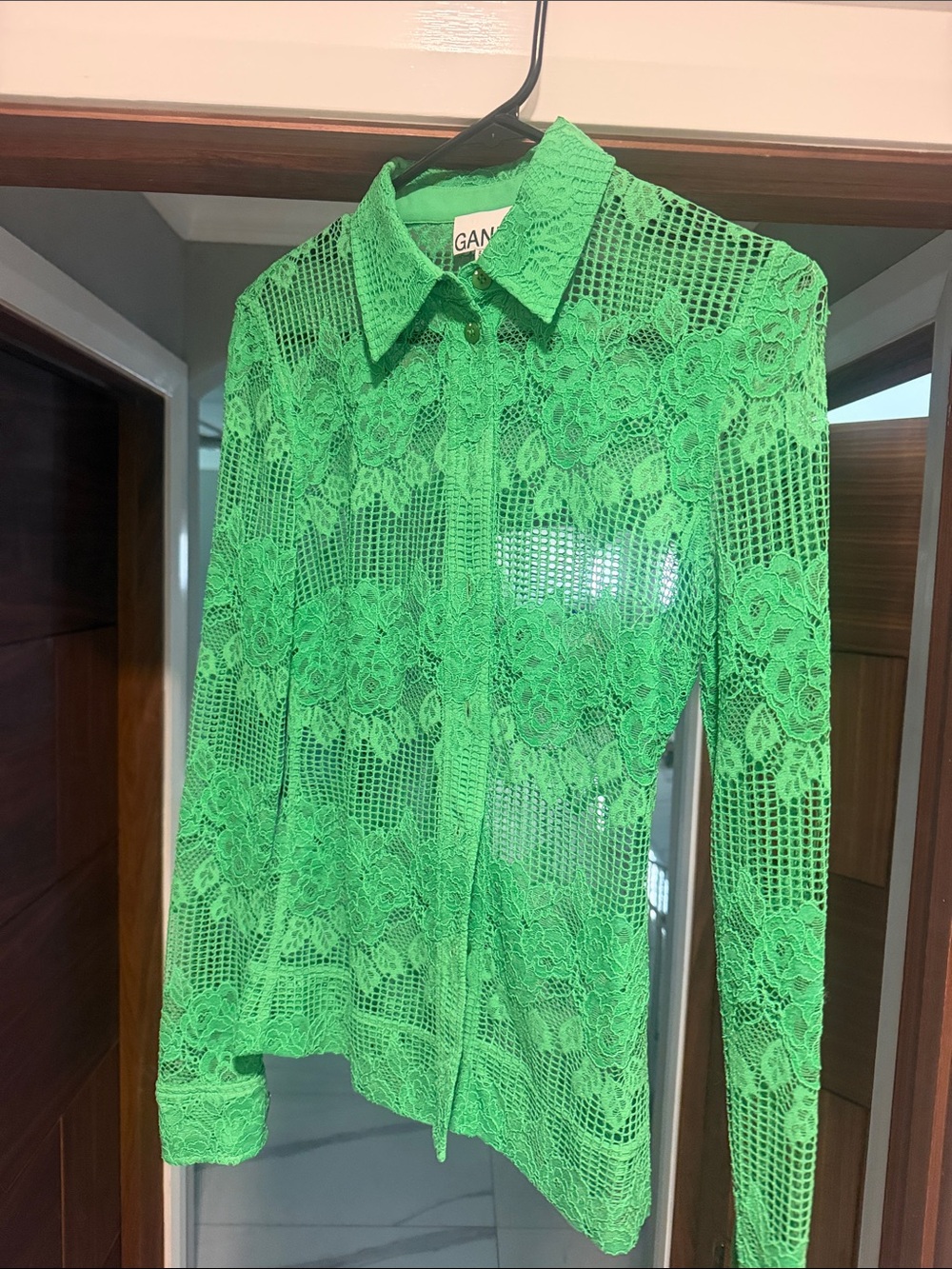 Ganni Emerald Green Lace Button-Down Shirt
